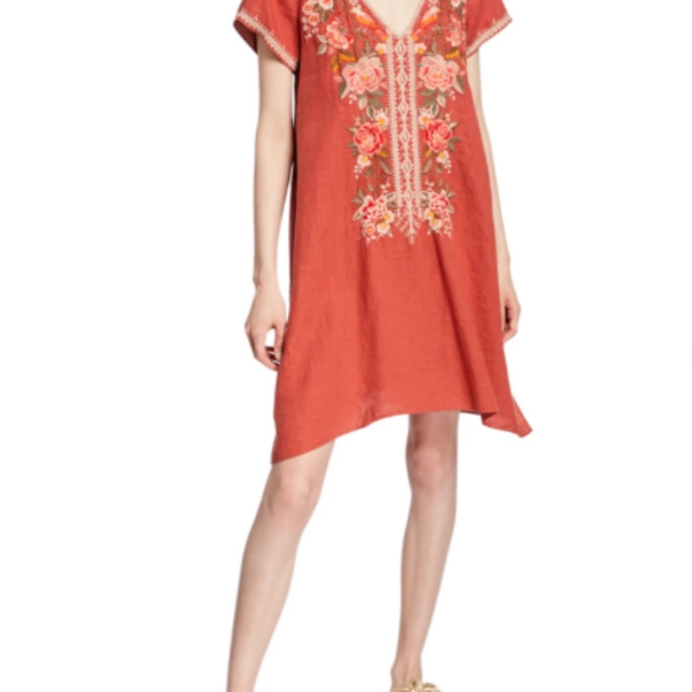 Johnny Was Paola Floral Embroidered Short-Sleeve Draped Linen Tunic Dress